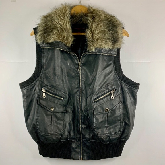 Women’s faux fur neck/ leather vest/jacket full zip up utility/biker/grunge - Picture 1 of 11